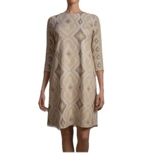 Gretchen Scott Swing Dress Sz S Pockets 3/4 Sleeve Stretch Nuetral Ikat Scuba